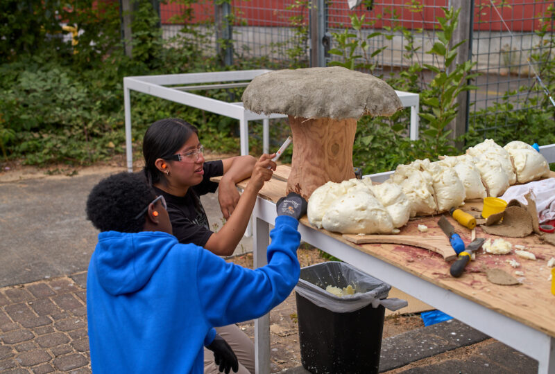 Two students working on mushroom pollinator village